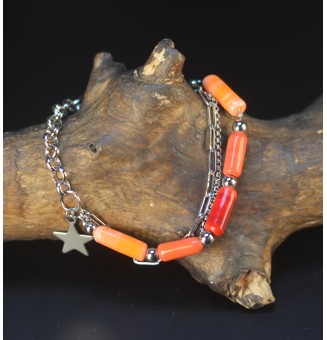 Bracelet multi-rangs acier inoxydable – Perles de verre artisanales rouges oranges