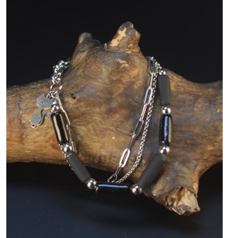 Bracelet multi-rangs noir en perles de verre filé – Acier inoxydable argenté