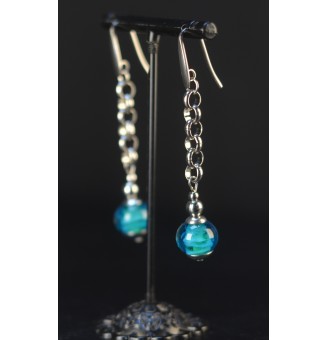 Boucles d’oreilles pendantes – Bleu vert lumineux - verre file - acier inoxydable