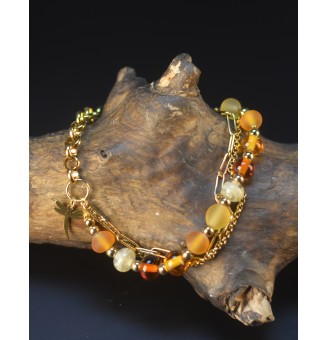 Bracelet multi-rangs ambré en perles de verre filé – Acier inoxydable doré