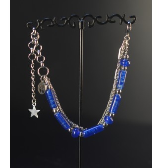 Bracelet multi-rangs BLEU en perles de verre filé – Acier inoxydable argenté