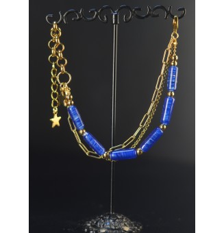 Bracelet multi-rangs BLEU en perles de verre filé – Acier inoxydable Doré