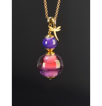 Collier long en perles de verre filé – Dégradé rose, violine et violet – 75 cm – Acier inoxydable doré