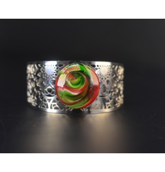 Bracelet Manchette Ajustable avec Cabochon Rouge & Vert – Pièce Unique en Verre Filé