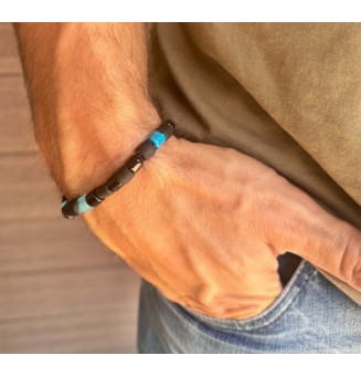 Bracelet élastique homme noir et bleu en verre filé – Création artisanale unique
