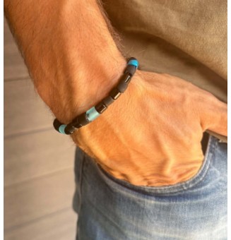 Bracelet élastique homme noir et bleu en verre filé – Création artisanale unique