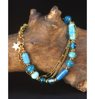 Bracelet multirangs doré et perles de verre filé bleu  – Création artisanale unique
