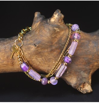 Bracelet multirangs doré en verre filé violet et mauve – Création artisanale unique