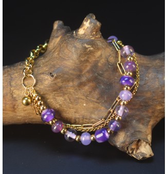 Bracelet multirangs doré en verre filé violet et mauve – Création artisanale unique