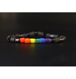 Bracelet élastique noir et multicolore en verre filé – Inspiration drapeau arc-en-ciel – Création artisanale unique