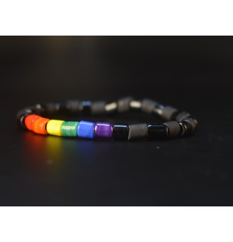 Bracelet élastique noir et multicolore en verre filé – Inspiration drapeau arc-en-ciel – Création artisanale unique