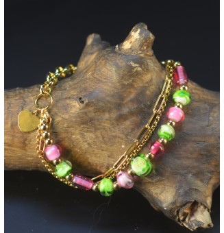 Bracelet multirangs doré et perles de verre filé rose/vert  – Création artisanale unique