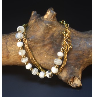 Bracelet Multirangs  & Perles de Verre Filé – Modèle Unique - blanc - acier inoxydable doré