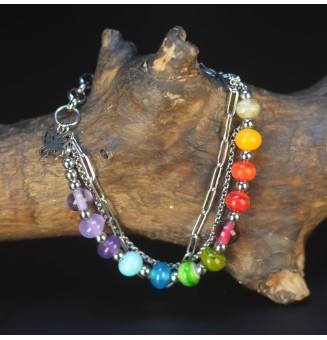 Collier et bracelet multi-rangs artisanaux en acier inoxydable argenté – Perles en verre filé multicolores