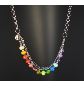 Collier et bracelet multi-rangs artisanaux en acier inoxydable argenté – Perles en verre filé multicolores