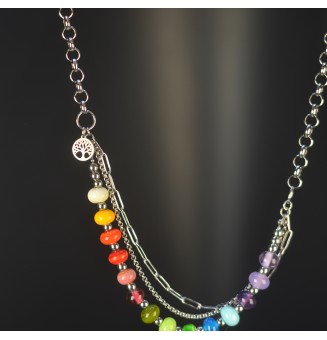 Collier et bracelet multi-rangs artisanaux en acier inoxydable argenté – Perles en verre filé multicolores