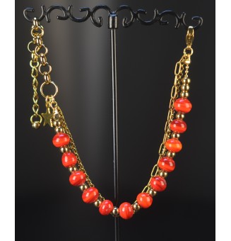 Bracelet multirangs doré et perles de verre filé rouge  – Création artisanale unique