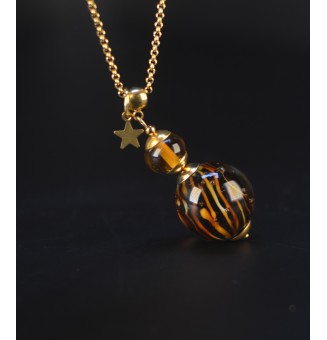 Collier long doré & perle de verre motif léopard – création artisanale
