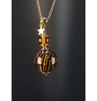 Collier long doré & perle de verre motif léopard – création artisanale