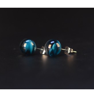 puces d'oreilles Gros diametre, bleu pétrole 10 mm Acier Inoxydable en verre