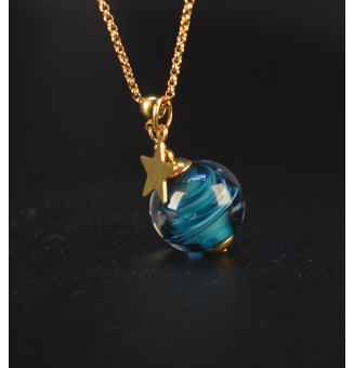 Collier long bleu pétrole en verre filé – Acier inoxydable doré – 74 cm