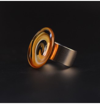 Bague réglable noire et caramel en verre filé – Cabochon artisanal 2,5 cm