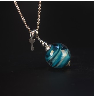 Collier long bleu pétrole en verre filé – Acier inoxydable argenté – 74 cm