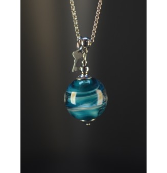 Collier long bleu pétrole en verre filé – Acier inoxydable argenté – 74 cm