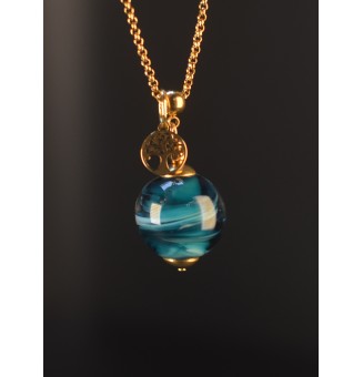 Collier long bleu pétrole en verre filé – Acier inoxydable doré – 74 cm