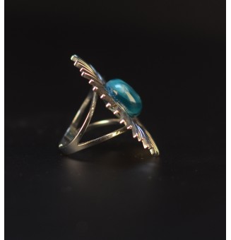 Bague Soleil argentée avec cabochon bleu pétrole en verre filé – Réglable