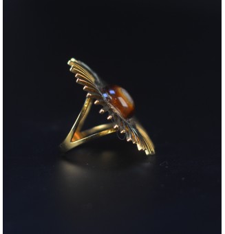 Bague Soleil dorée avec cabochon ambré en verre filé – Réglable