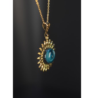 Collier Soleil bleu pétrole en verre filé – Acier inoxydable doré