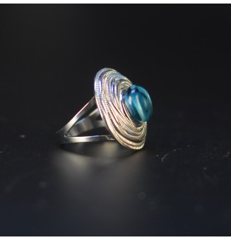 Bague bleu pétrole en verre filé au chalumeau – Acier inoxydable