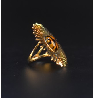 Bague Soleil dorée avec cabochon Léopard en verre filé – Réglable