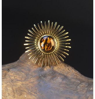 Bague Soleil dorée avec cabochon Léopard en verre filé – Réglable