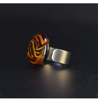 Bague Léopard en verre filé – Acier inoxydable argenté – Réglable