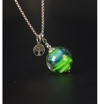 Collier long bleu et vert en verre filé – Arbre de Vie – Acier inoxydable doré