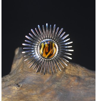 Bague Soleil argentée avec cabochon Léopard en verre filé – Réglable - acier inoxydable