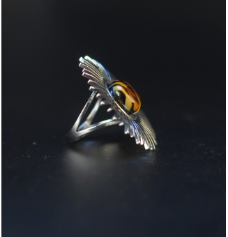 Bague Soleil argentée avec cabochon Léopard en verre filé – Réglable - acier inoxydable