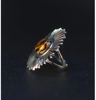 Bague Soleil argentée avec cabochon Léopard en verre filé – Réglable - acier inoxydable