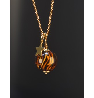 Collier long doré & perle de verre motif léopard – création artisanale