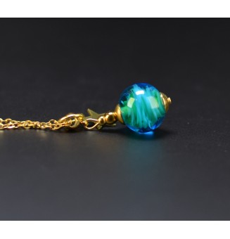 Collier court bluu vert en verre filé – Acier inoxydable Doré