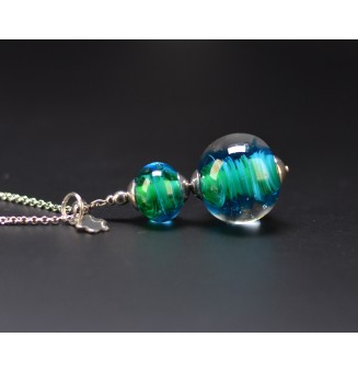Collier long bleu vert en verre filé – Acier inoxydable argenté