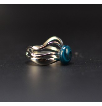 Bague bleu pétrole triple anneau en verre filé – Acier inoxydable argenté