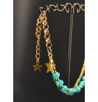 Bracelet multirangs bleu vert en verre filé – Acier inoxydable doré