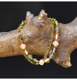 Bracelet multirangs gris et pêche en verre filé – Mat & brillant – Acier inoxydable doré