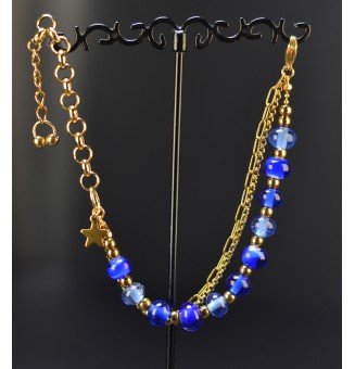 Bracelet multi-rangs BLEU en perles de verre filé – Acier inoxydable Doré