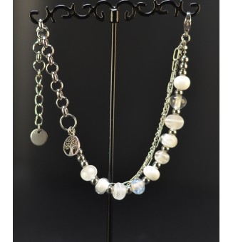Bracelet multirangs blanc en verre filé – Arbre de Vie – Acier inoxydable argenté