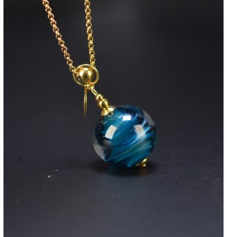 Collier long bleu pétrole en verre filé – Acier inoxydable doré – 74 cm