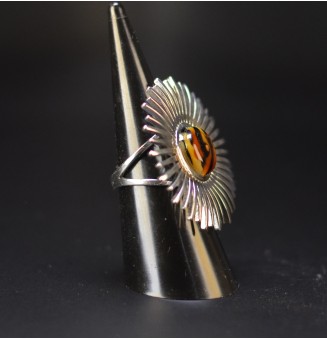 Bague Soleil argentée avec cabochon Léopard en verre filé – Réglable - acier inoxydable